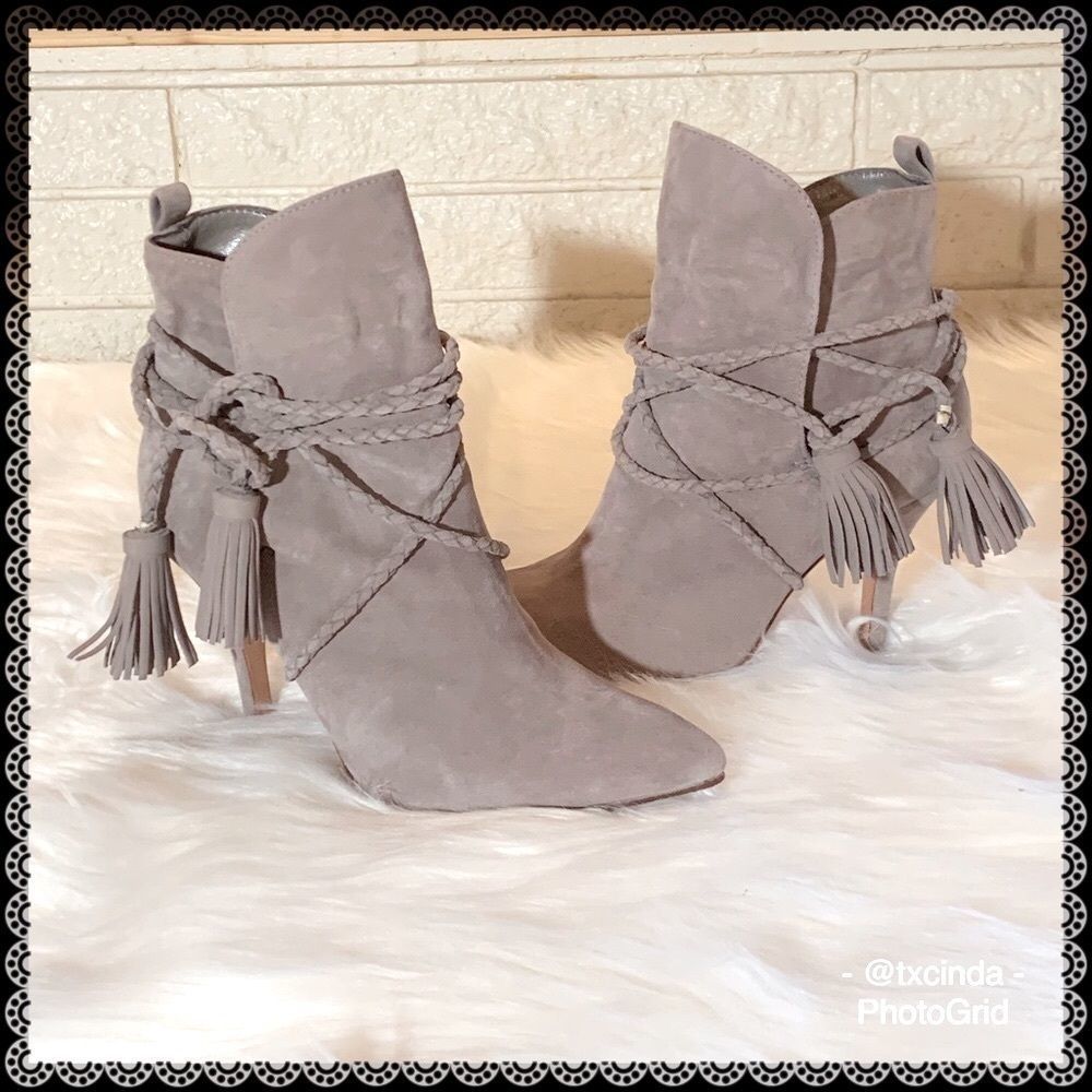 SCHUTZ Fadhila Mouse Gray Suede Leather Booties w/Rope & Tassel Ties